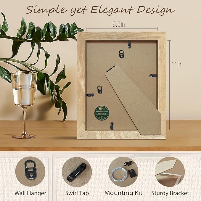 VCK 8.5x11 Natural Picture Frames 3 Pack, High-End Wood Wide Border Poster Frame,Tabletop & Wall Hanging, Multi-Directional Display Family Photos, Office Prints, Studio/Gallery/Home Artwork