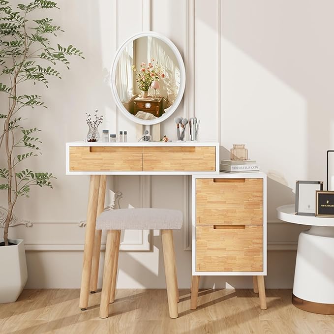 YOURLITE Makeup Vanity Desk with Lights, Small Vanity with 4 Drawers for Small Spaces, Dressing Table Set 3 Colors Adjustable Lighting Brightness Mirror