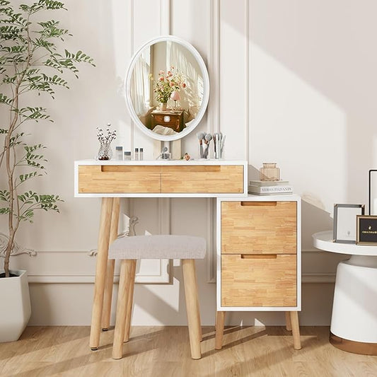 YOURLITE Makeup Vanity Desk with Lights, Small Vanity with 4 Drawers for Small Spaces, Dressing Table Set 3 Colors Adjustable Lighting Brightness Mirror