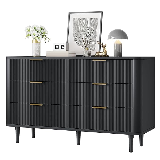 DWVO 6 Drawer Dresser with Waveform Fluted Panel, Wider Modern Closet Dressers Chest of Drawers, Wood Storage Dresser Organizer for Dorms, Flats, Living Rooms, Hallways, Black