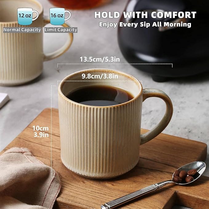 MONITO 16Oz Coffee Mugs Set of 4, Rustic Ceramic Coffee Cups Set with Large Handle, Vintage Striped Stoneware Coffee Mugs for Latte, Cocoa, Tea, Milk, Microwave & Dishwasher Safe, Bonbon Beige