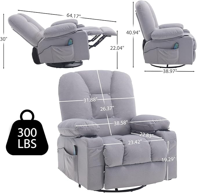 Massage Recliner Chair with Heat for Adults,Overstuffed Rocker Recliners Swivel Glider with Cup Holder Side Pocket, Manual Reclining Fabric Sofa Chair for Living Room