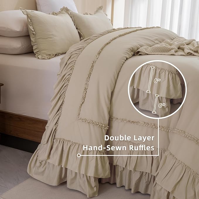 QSH Wheat Oversized King Comforter Set 120x120, Farmhouse Ruffled Bedding Comforter French Country Shabby Vintage Bed Comforter Microfiber Soft Lightweight Fluffy Bedding 3 PCs