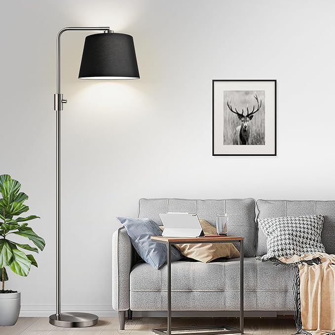 【Upgraded】 Dimmable Floor Lamp, 1000 Lumens LED Edison Bulb Included, Brushed Nickel Arc Floor Lamps Modern Standing Lamp with Black Shade, Tall Lamps for Living Room Bedroom