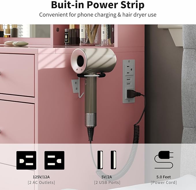 Vanity with Mirror and LED Lights,Vanity Desk with Power Outlet, Makeup Vanity with Drawers and 2 Cabinets, Fold-up Panel, Glass Top Vanity Table with Chair for Bedroom (10 Drawers, Pink)