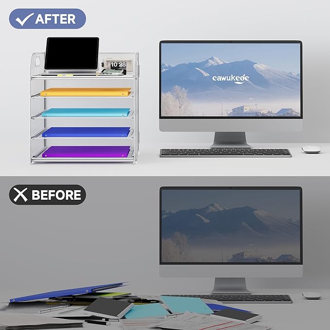 5 Tier Paper Organizer with Handle, Metal Mesh Desk Organizer File Folder Paper Letter Tray Desktop Document Sorter for Classroom, School, Office Accessories Organization and Storage - White