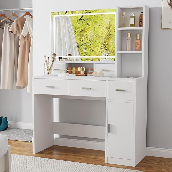 Vanity Desk with Mirror and Lights, Vanity with Soft and Non-Dazzling Lighting,Makeup Vanity with Drawers for Bedroom Dressing Room, Women Girls (White)