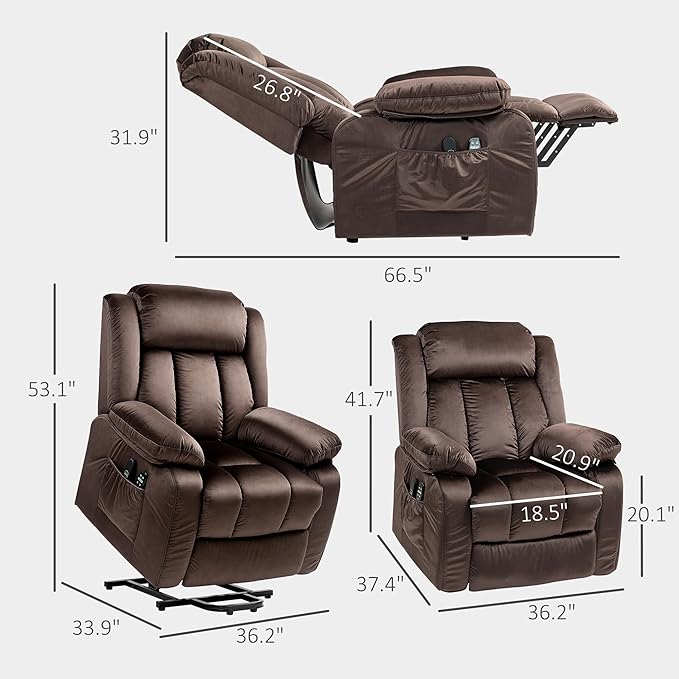 HOMCOM 35" Wide Back Power Lift Recliner Chair for Elderly with Massage and Heat, Electric Lift Chair with Remote Controllers, USB Ports and Side Pockets, Brown