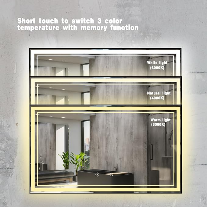 55" x 32" LED Bathroom Mirror with Lights Framed LED Mirror for Bathroom Backlit and Front Lighted Bathroom Mirror Black Square Aluminum Frame Anti-Fog Dimmable Vanity Adjustable Memory