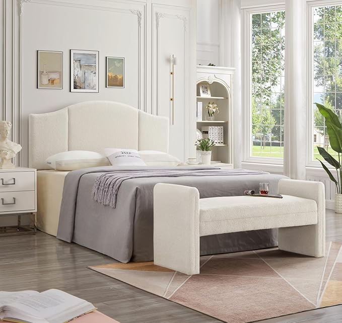 24KF Middle Century Upholstered Foldable Headboard, Modern Boucle Teddy Fabric Queen/Full Headboard 6033-Q-Cream