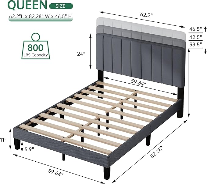 Queen Size Bed Frame with Headboard,Fabric Upholstered Platform Bed Frame with Wooden Slats Support,No Box Spring Needed/Non-Slip Without Noise/Easy Assembly, Darkgrey