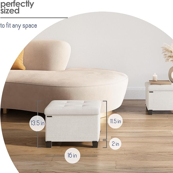 STORAGEBUD Storage Ottoman Cube with Small Bin, 16-in Square Ottoman with Storage for Living Room and Bedroom, Small Ottomans Foot Rest, Fabric Foot Stools Ottomans Max 330lbs, Cream