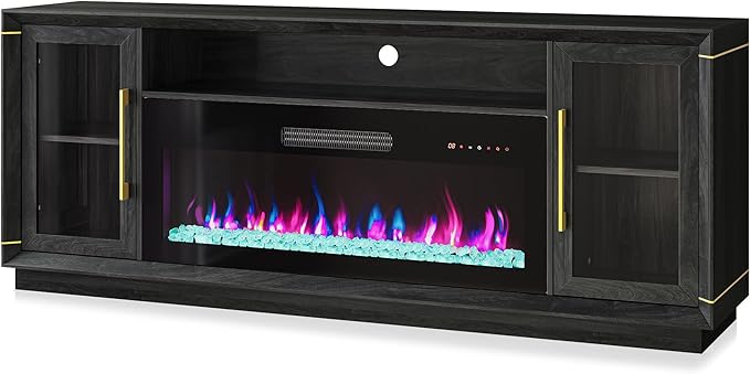 BELLEZE 74" Extra Large TV Stand for TVs Up to 85", Media Console Table with 42" Electric Fireplace Heater, Entertainment Center with Storage Cabinets for Living Room, Bedroom - Sienna (Black Ebony)