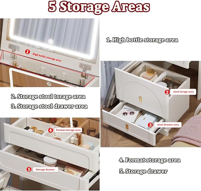 Compact Vanity Desk with Mirror, 3 in 1, Corner, Small Makeup with Stool, Flip Over Vanity Desk with Four Storage Areas and LED Mirror Light (White, 23.6in)