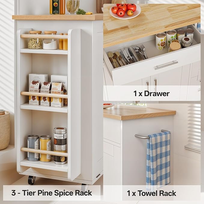 Kitchen Island with Storage & Drop Leaf- Rolling Island Cart with Wheels, Rubberwood Top, Trash Bin Cabinet & Towel Rack, White Farmhouse Style Island Table for Kitchen
