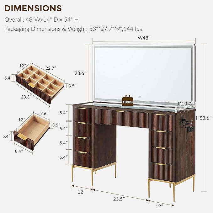 T4TREAM 48" Fluted Makeup Vanity Desk with 48" Large Mirror and HD Lights, Modern Vanity Table with 9 Drawers & Charging Station, Glass Top and Golden Handles Dressing Table for Bedroom,Dark Walnut