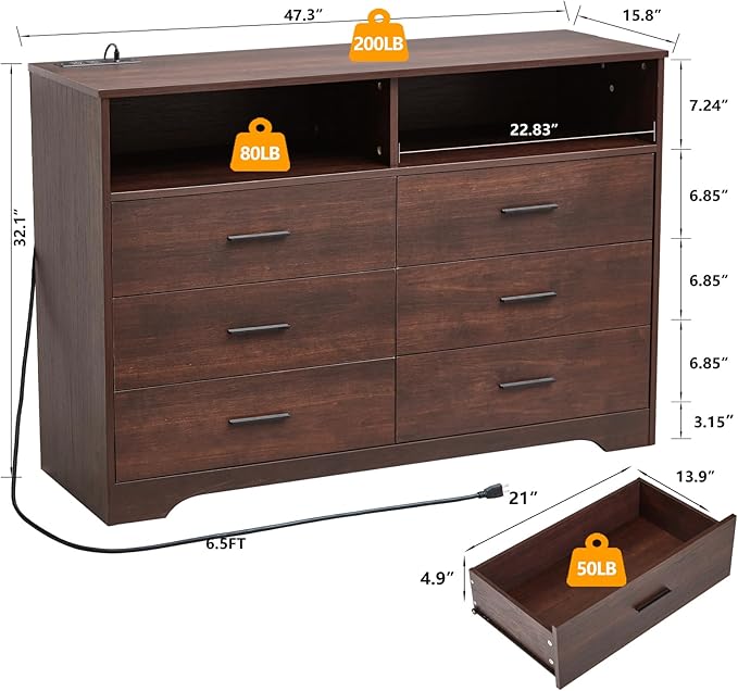 LIDYUK Dresser for Bedroom, Wood Dresser with 6 Drawers, Modern Minimalist Dressers & Chest of Drawers with Charging Station & LED Lights, 48 Inches TV Stand for Bedroom, Living Room, Dark Cherry