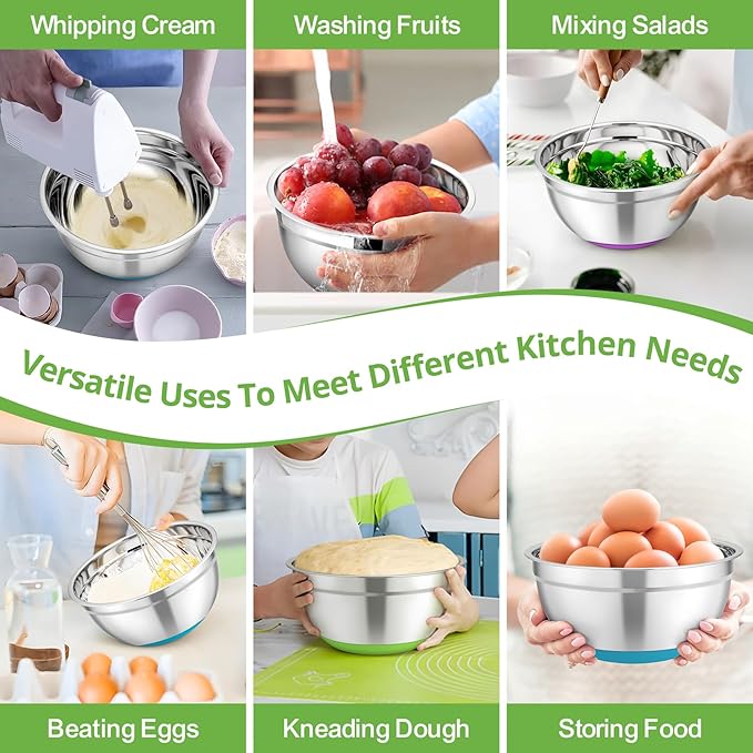 TeamFar Mixing Bowls, 5PCS Stainless Steel Serving Salad Bowls with Lids, For Kitchen Mixing/Baking/Storing/Prepping, Visible & Airtight, Non-Slip Bottom - 4.6/3.5/1.5/1 / 0.7 QT, Multi-color