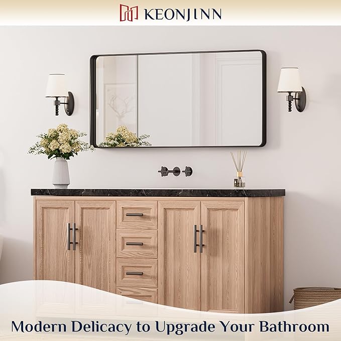 Keonjinn Black Bathroom Mirror for Over Sink, 42 x 20 Inch Rounded Rectangle Bathroom Vanity Mirror, Matte Black Farmhouse Mirror for Wall, HD Tempered Glass, Seamless Aluminum Alloy Frame Mirror