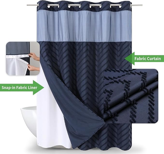 No Hook Tufted Chevron Striped Shower Curtain with Snap-in Fabric Liner set-71Wx74H(72H),Navy Blue Hotel Grade Boho Style Shower Curtain with See Through Top Window,Water Repellent
