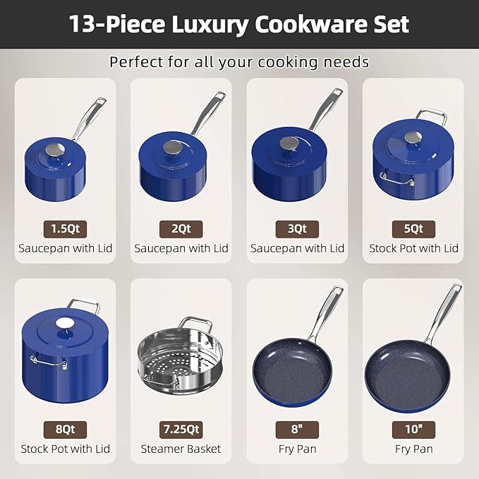Nuwave Lux 13pc Forged Lightweight Cookware Set PFAS Free, Healthy G10 Duralon Ceramic Coating, Ultra Non-Stick, Stay-Cool Handles, Works on All Cooktops & Induction Ready