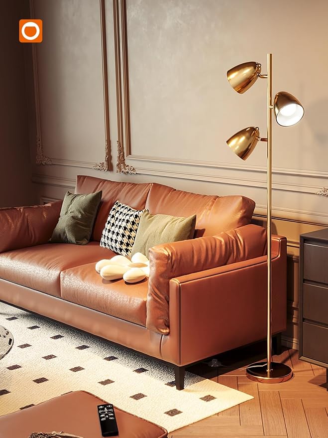 addlon Tree Floor Lamp with Remote, 3 Adjustable Rotating Light and Matching LED Bulbs, Standing Tall Pole Lamps for Living Room, Bedroom, Home, Office - Gold