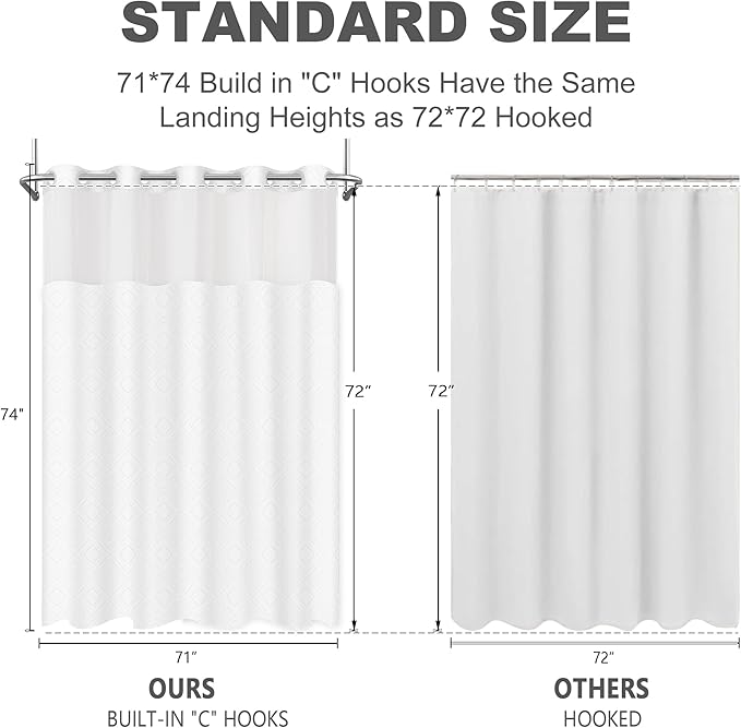 No Hook Shower Curtain Set with Snap in Liner, White Jacquard Tufted Geometric Bath Curtain, Boho Luxury Hotel Bathroom Decor, Waterproof Washable, 71 x 74 Inch