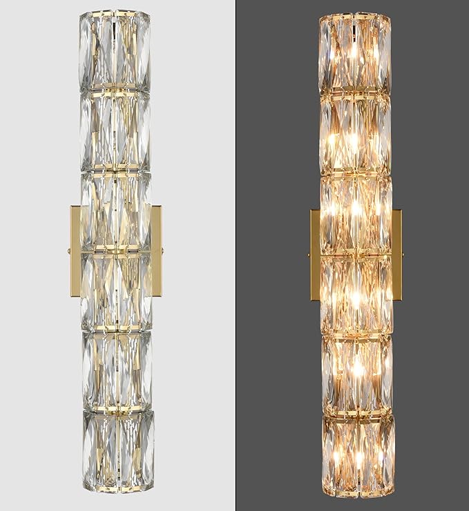 SAMTEEN 23.6-Inch Crystal Wall Sconce Gold Sconces Wall Lighting Mid-Century Modern 6-Light Wall Mount Light Brass Glass Wall Light Fixture for Bathroom Bedroom Hallway