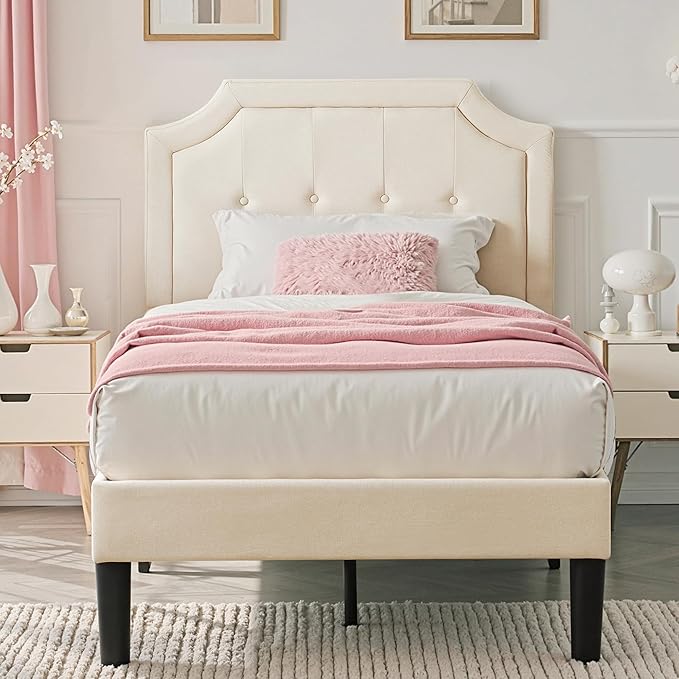 VECELO Twin Size Platform Bed Frame with Fabric Upholstered Headboard and Wooden Slats Support, No Box Spring Needed/Easy Assembly,Beige