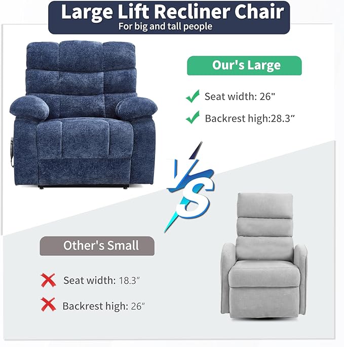 Lay Flat Recliner with Vibration Massage and Lumbar Heating, 26'' Wide Recliner Chair with Infinite Position and 2 Remote Controls, Soft Chenille Lift Recliner for Living Room, Blue