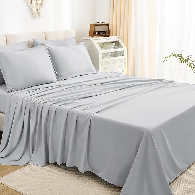 Litanika California King Comforter Set Light Grey - 7 Pieces Bed in a Bag Cal King Bedding Comforter Sets, Plain Lightweight Bed Set with Comforter, Sheets, Pillowcases & Shams