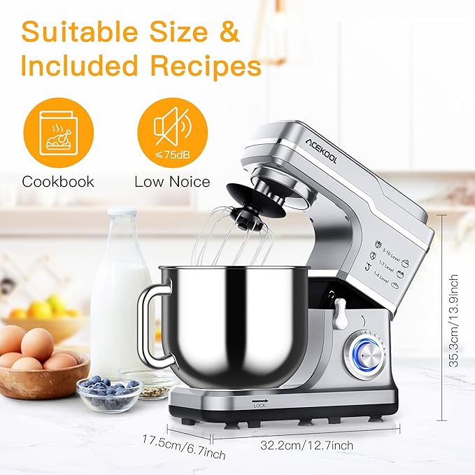 Stand Mixer 7.5QT 10-Speed 660W Tilt-Head Kitchen Electric Food Cake Mixer with Stainless Steel Bowl, Whisk, Dough Hook, Beater & Splash Guard, Silver