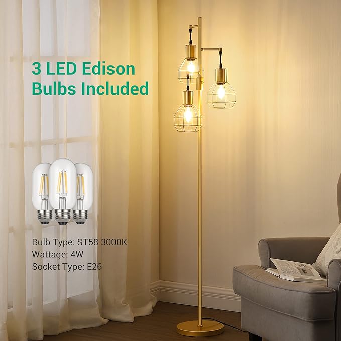 EDISHINE Industrial Dimmable Floor Lamp Gold, Farmhouse Standing Lamp for Living Room with 3 LED Edison Bulbs, Modern Tall Standing Corner Lamp with Metal Diamond Cage for Bedroom, Office