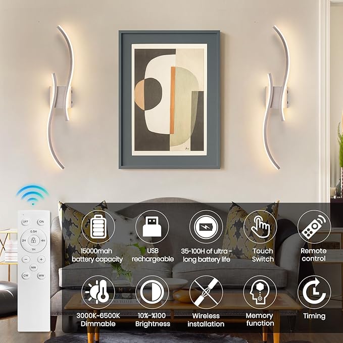 Battery Operated Wall Sconces Set of 2, Rechargeable Dimmable Battery Wall Light with Remote Control, Brushed Nickel LED Wireless Wall Light for Living Room Bedroom Hallway，31.5inch (Brushed Nickel)
