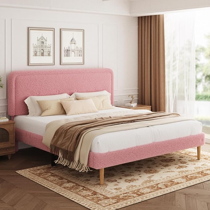 Queen Size Boucle Platform Bed Frame, Anti-Collision Soft Rounded Corners, Adjustable Headboard, No Box Spring Needed, Easy Assembly, Noise Free, Pink