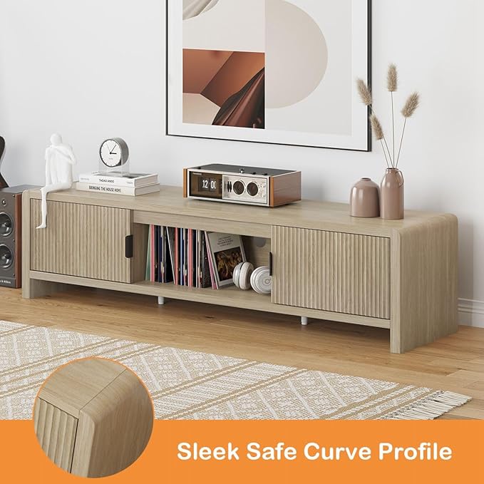 FATORRI TV Stand for TVs up to 75/65/55 Inch, Wood Entertainment Center with Storage, Farmhouse Waveform Fluted-Door Television Media Console for Living Room, Bedroom (63 Inch W, Light Walnut)