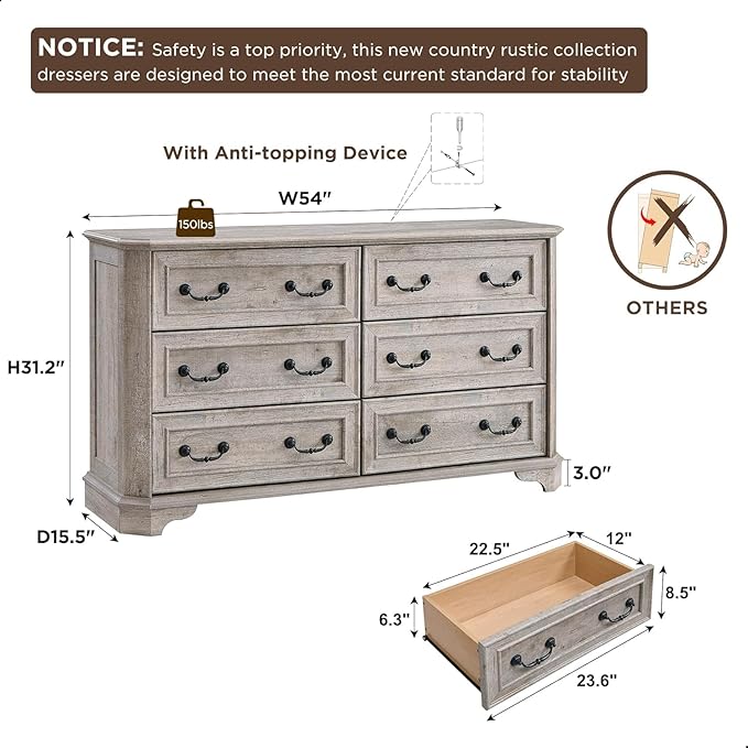 T4TREAM Farmhouse 6 Drawers Dresser for Bedroom, 54" Wide Wood Rustic Chest of Drawers with Natural Texture, Vintage Design, Storage Dressers Organizer for Bedroom, Living Room (Light Rustic Oak)