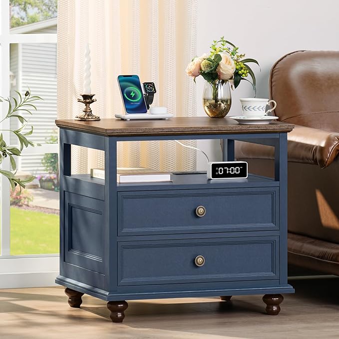 Farmhouse Nightstand Set of 2 with Charging Station, 24" Wide End Table with 2 Drawers,Wood Dresser for Bedroom,Bed Side Table Chest of Drawers Cabinet,Navy BlueNight Stand for Living Room