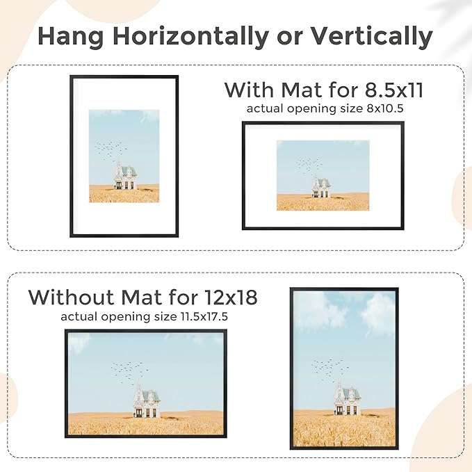 12x18 Metal Picture Frame for Wall With Mat for 8.5x11, 12''x18'' Aluminum Photo Frames With Tempered Glass for Home Decor, Minimalist Modern Poster Frame Horizontal And Vertical Formats, Black