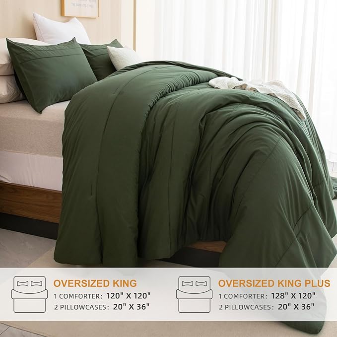 Sanracie Olive Green Oversized King Plus Comforter 128 * 120, Cotton Dark Green Pinch Pleat Bedding Comforers Set,3pc Aesthetic Comforter Super King Soft Lightweight Bed Set All Season