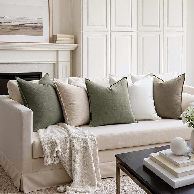 MIULEE Decorative Linen Pillow Covers 24x24 Inch Olive Green Boho Farmhouse Neutral Couch Throw Pillows for Bed Pack of 2 Accent Outdoor Pillowcase Modern Sofa Cushion Livingroom Home Decor