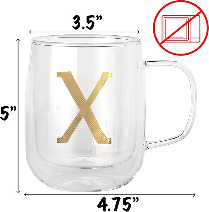 COLLECTIVE HOME - Double Walled Glass Coffee Mugs, Insulated Coffee Mug with Handle, Personalized Gifts for Women, Men, Christmas, 14 oz Monogram Cups (X)