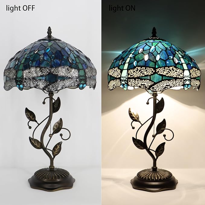 Tiffany Table Lamp, Stained Glass Desk Light, W12H19 Inch, Metal Leaf Base (Dragonfly Style)