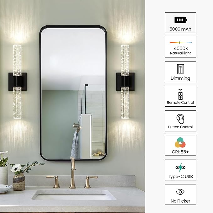 Battery Operated Wireless Wall Sconces Set of Two, Rechargeable Black Wall Sconce Set of 2 with Remote Control, Modern LED Wall Light for Bedroom, Living Room, Hallway (4000K)