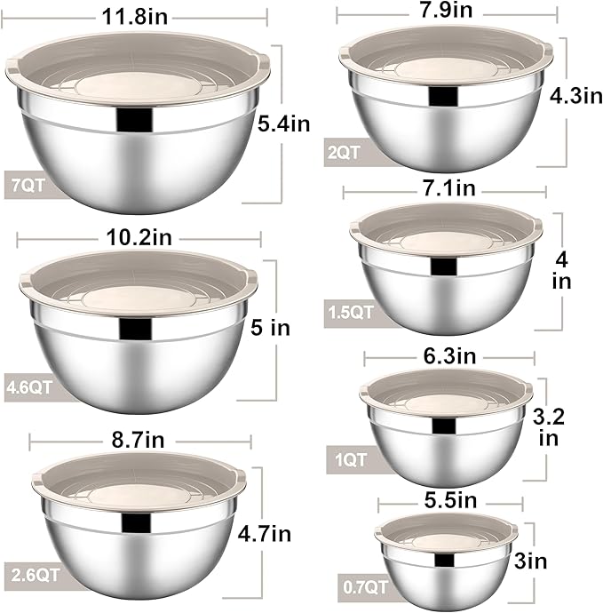 E-far Stainless Steel Mixing Bowls with Lids, 7-Piece Metal Mixing Bowls with Khaki Airtight Lids for Baking/Cooking/Prepping, Size 7, 4.6, 3, 2, 1.5, 1, 0.7QT, Nesting Design & Easy Storage