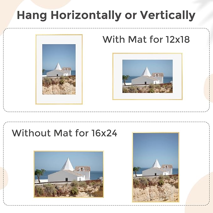 16x24 Frame | 16x24 Gold Frame With Mat For 12x18 | Metal Aluminum Picture Frame With Tempered Glass | Minimalist Modern Poster Frame | Hanging Hardware Included | Set of 2, Gold