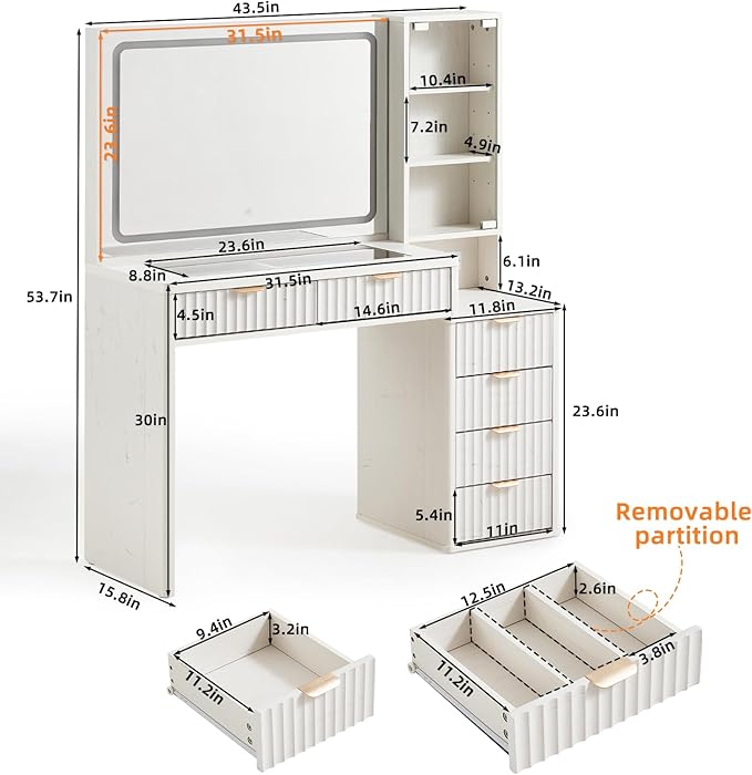 LEYAOYAO White Vanity Desk with Mirror and Lights, 43.5'' Fluted Makeup Vanity with 6 Drawers, Make Up Vanity with Wood Grain, Dressing Table with Glass Top and Power Outlet for Bedroom-Non Pure White