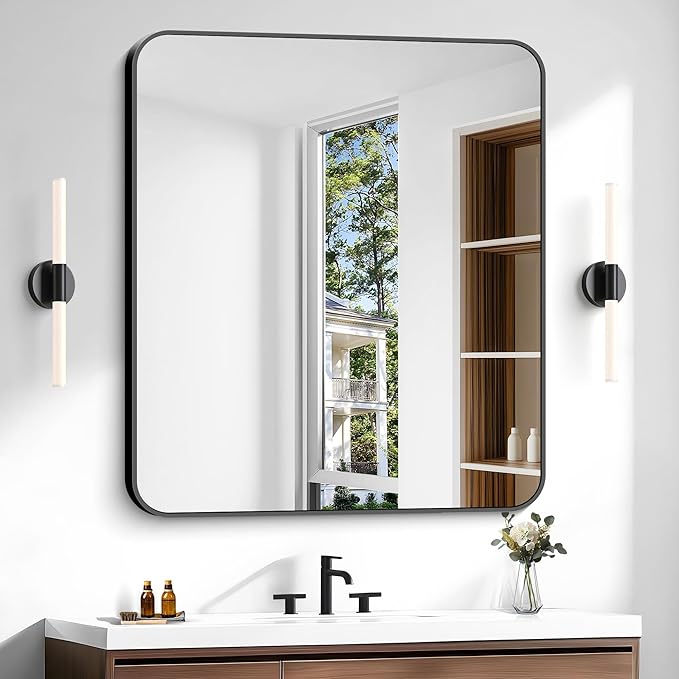 Bathroom Mirror, 40 x 36 inch Black Rectangle Wall Mirror, Metal Frame Rectangular Vanity Mirror, Rounded Corner Wall Mounted Mirror for Modern Bedroom Living Room Hangs Horizontal/Vertical