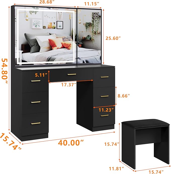 Vanity Desk with Mirror and Lights, Makeup Vanity Set with 7 Drawers & Cushioned Stool, Hidden Cabinet, Brightness Adjustable, Vanity Table for Bedroom, Dressing Room, Women,Black (Black)