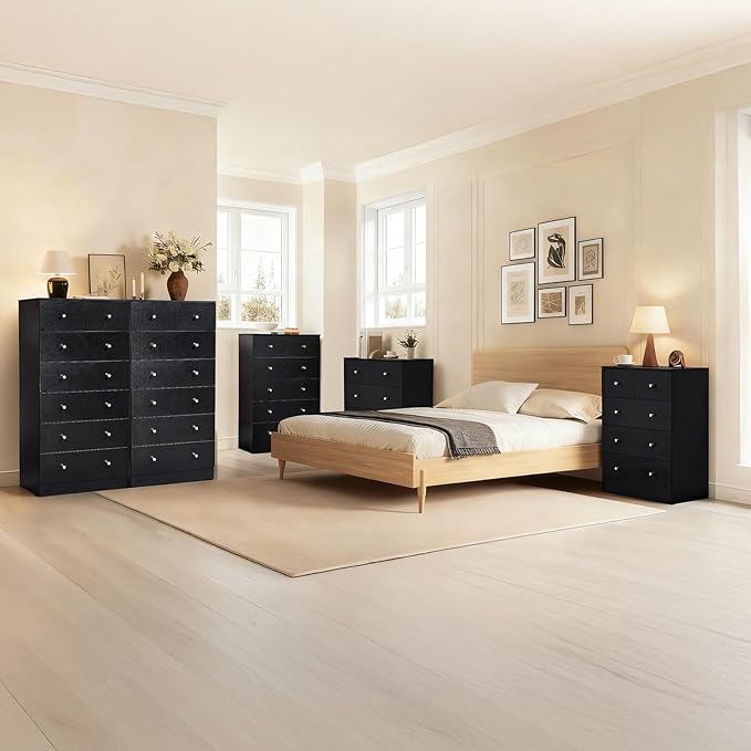 Karl home Black 7 Drawer Dresser for Bedroom, Tall Dresser Chest of Drawers, Rustic Wood Bedroom Dressers Clothes Organizer, Anti-Tipping Device, Rose Gold Metal Handle, Living Room, Entryway, Office